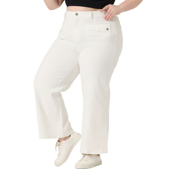 Plus Size Wide Leg Washed Stretch With Pockets Palazzo Pants Denim Jeans White - Picture 2 of 5
